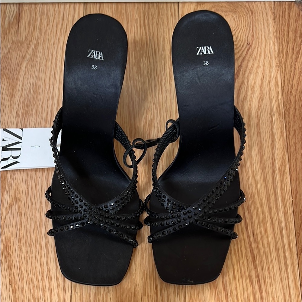New! Zara Black SZ 7.5 black satin effect rhinestone open toe Women's heels.